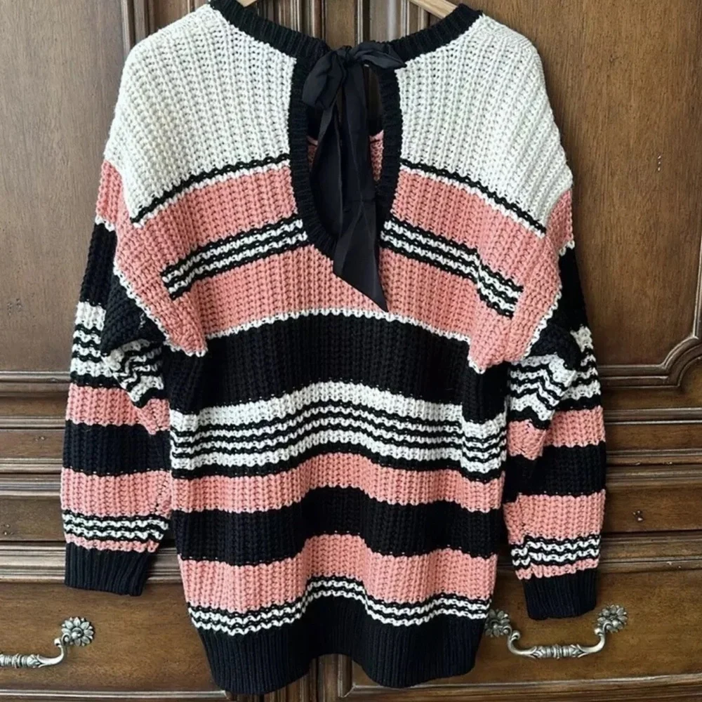Torrid Pink Multi Stripe Cable Pullover‎ Tie Back Sweater Size 1X